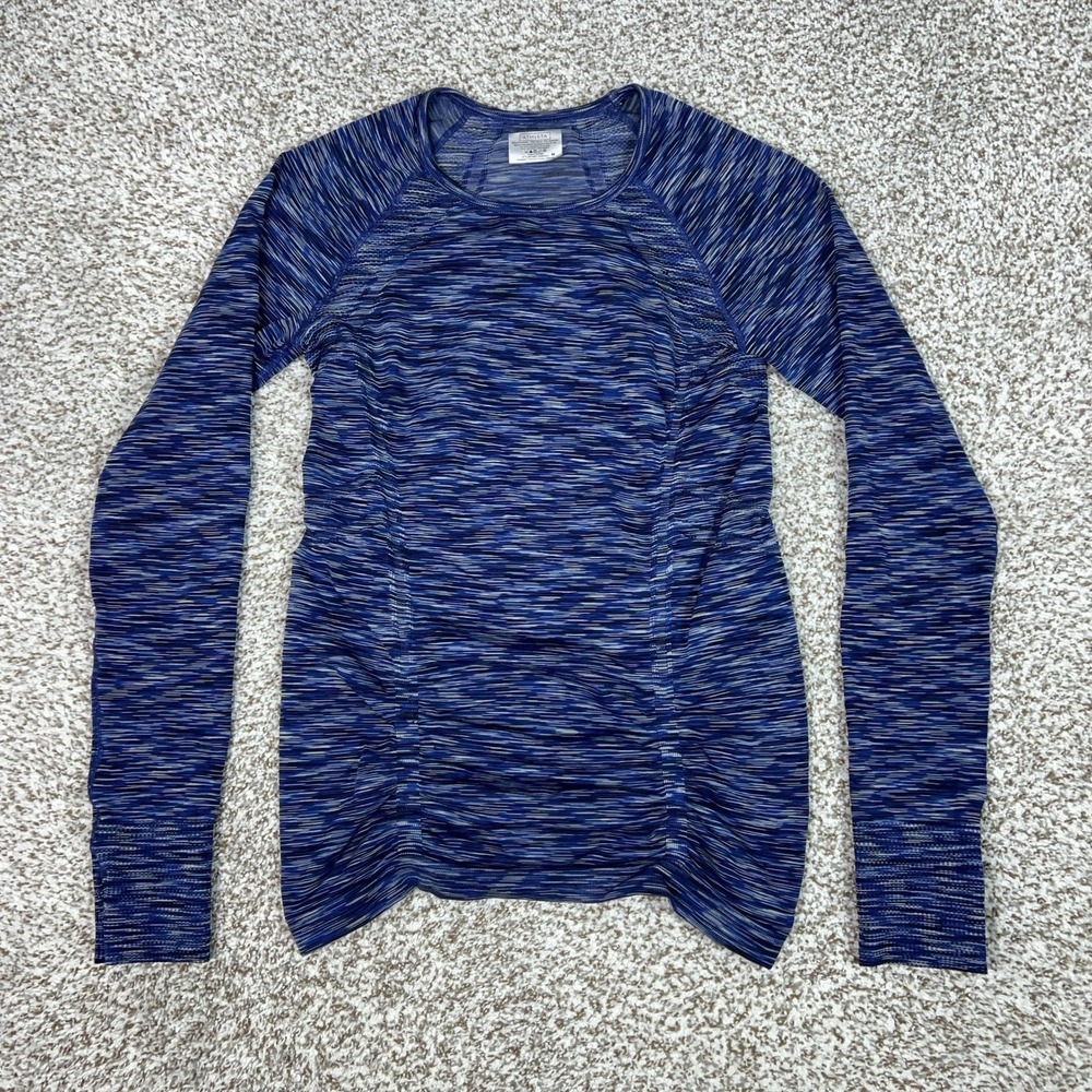 Athleta Shirt Womens M Blue Striped Running Gym Yoga Top Fastest Track Ruched